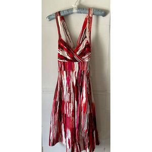 Calvin Klein Red Abstract Brushstroke Fit and Flare Dress Criss Cross Back  4
